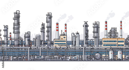 Industrial plant with complex structures, pipes, and smoking chimneys, representing manufacturing and energy production in a detailed illustration