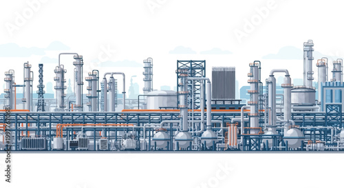 Illustration of an industrial petrochemical refinery complex with pipes and distillation towers under a pale sky, symbolizing energy production and manufacturing processes