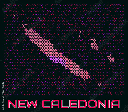 New Caledonia digital style hexagon map. Vibrant magenta purple pink neon dotted shape. Country tiny bright hexagon cells. New Caledonia honeycomb map design. Classy Vector Illustration.