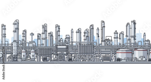 Industrial complex with extensive network of pipes, tanks, and towers representing a large-scale manufacturing or processing facility in a modern industrial landscape