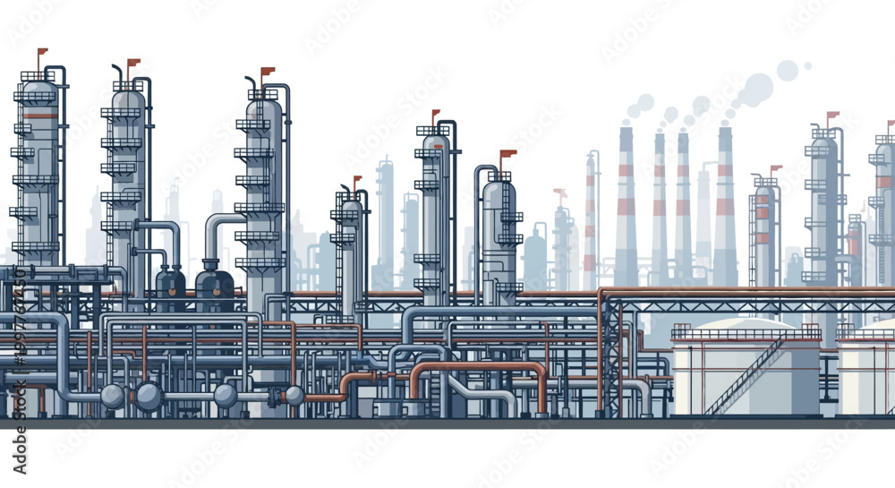 Fototapeta premium Industrial complex illustration Oil refinery or chemical plant with intricate pipe systems, towering processing units, and storage tanks. Essential for energy and manufacturing