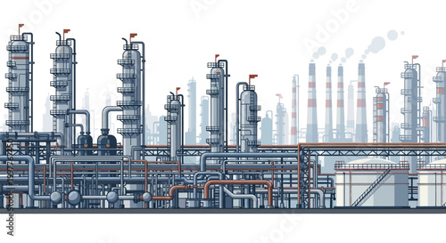 Industrial complex illustration Oil refinery or chemical plant with intricate pipe systems, towering processing units, and storage tanks. Essential for energy and manufacturing