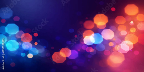 Glowing purple and pink circular patterns create a shiny abstract bokeh background with colorful holiday lights and bright defocused glitter for a festive night design