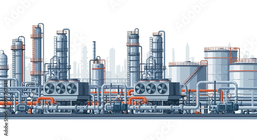 Industrial complex illustration. Modern petrochemical refinery, towers, tanks, piping, for energy and chemical production