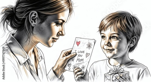 Mother and Son Celebrating Mothers Day with Gift and Card