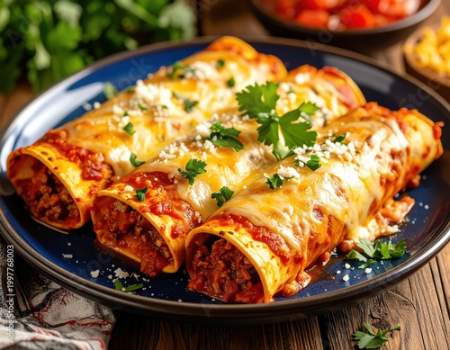 Delicious Italian baked stuffed pasta rolls filled with seasoned meat and cheese topped with fresh herbs and melted cheese served on a dark plate