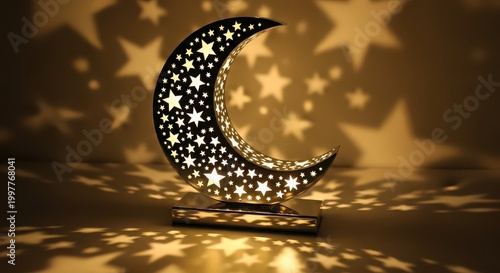 Glowing crescent moon lamp casting celestial star light patterns in this beautiful religious holiday motion stock video footage