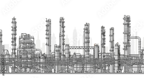 Vector illustration of a large industrial refinery complex with pipes and towers, symbolizing energy production and infrastructure