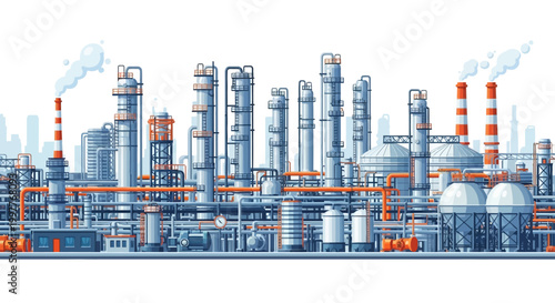 Modern industrial complex featuring a detailed pixel art factory with numerous pipes, storage tanks, and chimneys emitting smoke against a distant city skyline