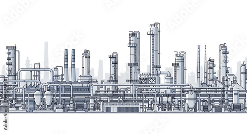 Detailed modern industrial complex with interconnected pipes, storage tanks, and tall towers, representing advanced manufacturing, energy production, and essential infrastructure