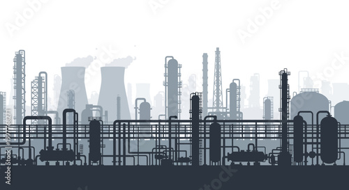Industrial cityscape silhouette with smokestacks, cooling towers, and complex pipe systems under a hazy sky, representing manufacturing and production facilities