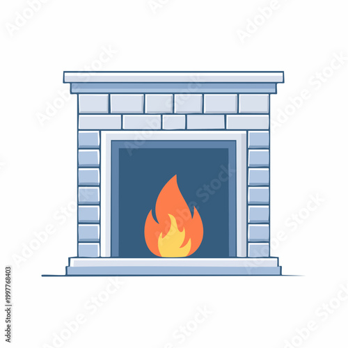 Stylized illustration of a brick fireplace with a burning flame