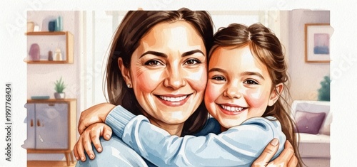 Happy Mother and Daughter Hugging at Home