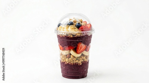 A layered acai bowl in a clear plastic cup with fruit and granola