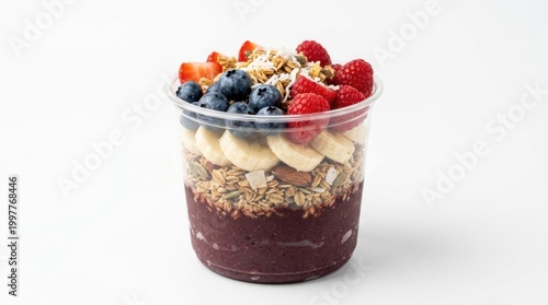 A delicious acai bowl with fresh fruit and granola in a clear cup