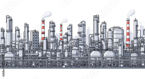 Industrial plant with towering chimneys and intricate pipe systems, symbolizing manufacturing and energy production within a city skyline