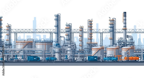 Industrial complex with multiple towers, tanks, and pipelines under a clear sky, representing heavy industry and manufacturing processes