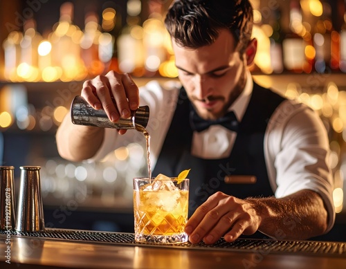 Professional bartender prepa whiskey cocktail at bar counter with focused look and vibrant background of liquor bottles and warm lighting