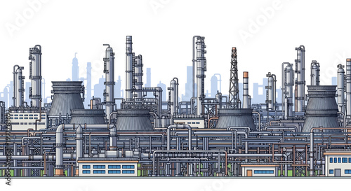 Pixel Art Illustration of a Large Industrial Complex with Skyscrapers in the Background