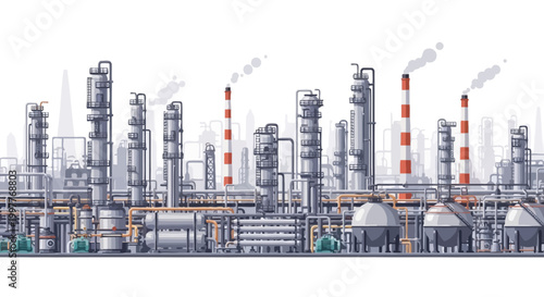Industrial complex with factories, refineries, power plants, towering smokestacks, and cooling towers, symbolizing global energy production and urban development