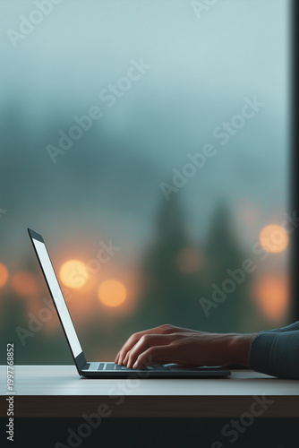 Close up of hands typing on laptop keyboard for remote work, online business, digital technology, education, and professional communication on a modern desk with bokeh background.