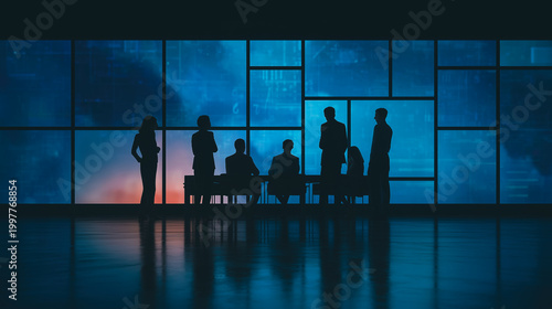 Business people silhouettes in digital meeting room. Concept of big data, technology, global teamwork, corporate strategy, networking, and future of industry.