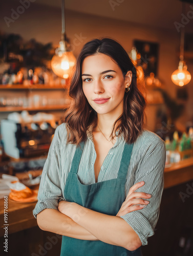 Young woman entrepreneur confidently running small local restaurant with warm lighting and cozy atmosphere.