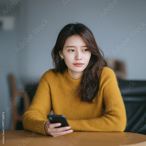 Young Asian woman in a yellow sweater thinking while holding a smartphone. This lifestyle portrait shows modern technology use and thoughtful expression in a minimalist indoor setting.