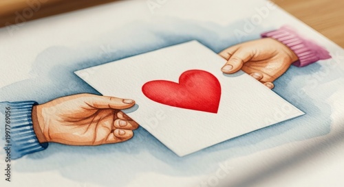 Hands Giving A Paper With A Red Heart Drawing