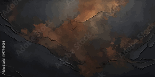 An abstract vintage world map textured with grunge paper and dark clouds sits inside an old cave overlooking a blue moonlit mountain landscape