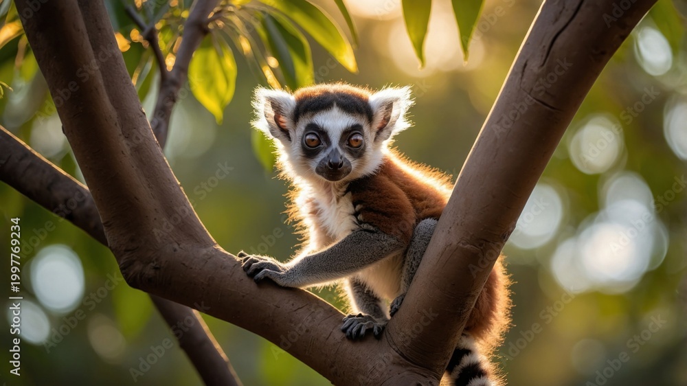 Fototapeta premium Curious lemur perched on a tree branch in a lush green forest, sunlight filtering through leaves