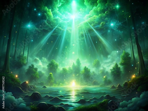 Magical green forest with glowing light and water