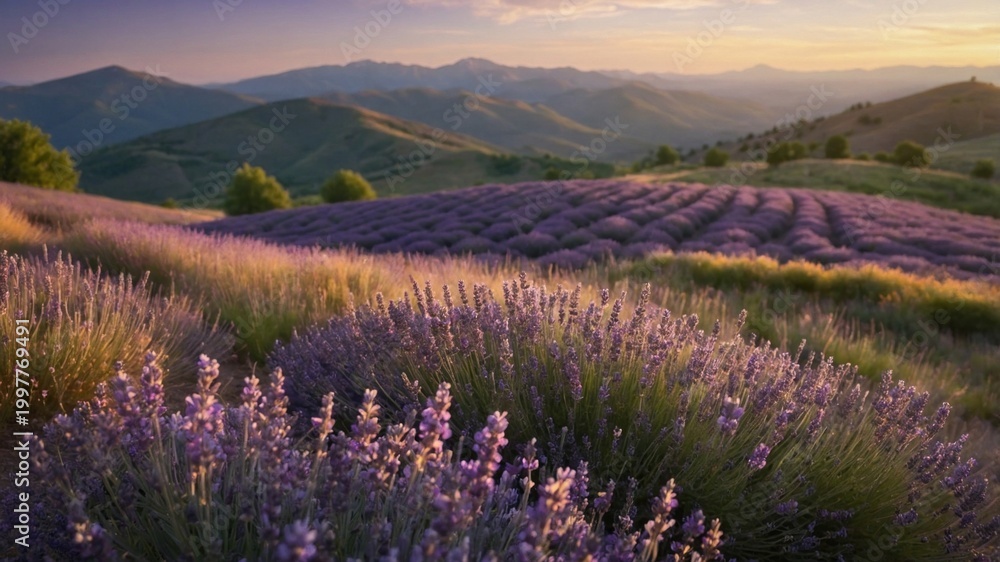 Fototapeta premium Serene lavender fields under a sunset sky with distant mountains and a peaceful atmosphere