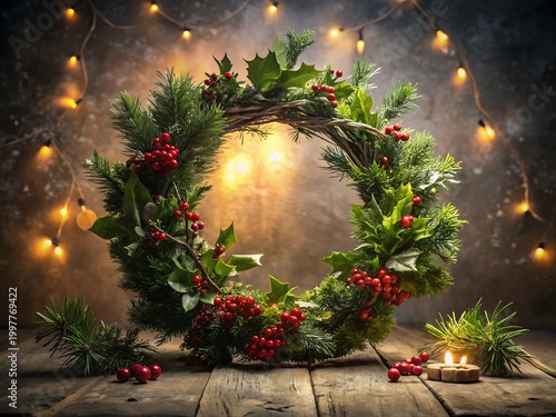 Christmas wreath with berries and candle lights on wooden table