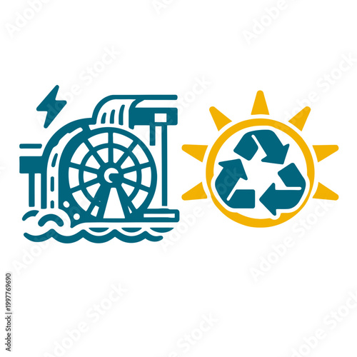 2D monoline vector illustration showcasing a hydroelectric water wheel and a recycling symbol integrated with a stylized sun