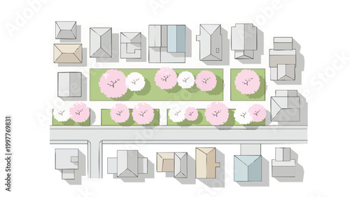Top-Down View Residential Street Plan, Urban Neighborhood Design, Real Estate Development Blueprint