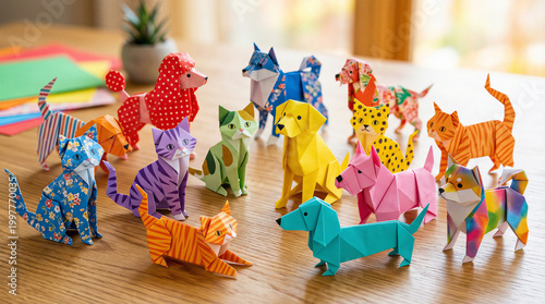 Colorful origami animals forming a group on wooden table