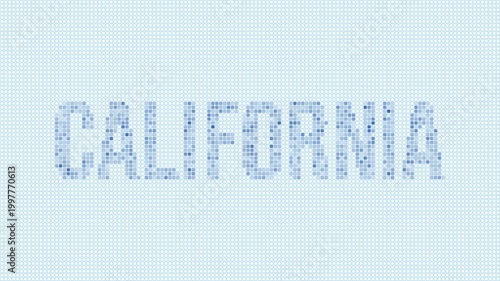 California, United States dotted map animation. Digital style shape of the state. California, United States shape and title dots appear with bulb flickering effect. Intro, outro, logo, title video.