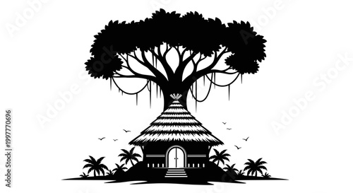 Black silhouette of a tree house.