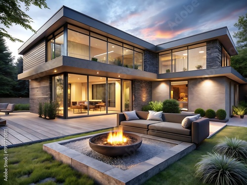 Modern luxury house with outdoor living space and fire pit