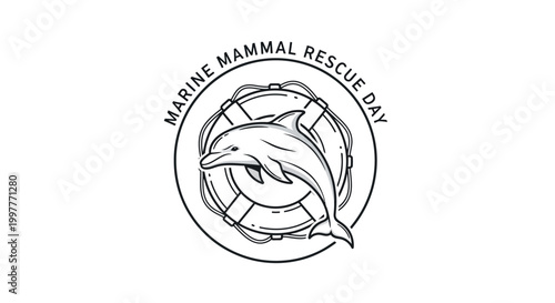 Monochromatic vector illustration promoting Marine Mammal Rescue Day, featuring a dolphin swimming through a life preserver against a clean white background to promote ocean wildlife care
