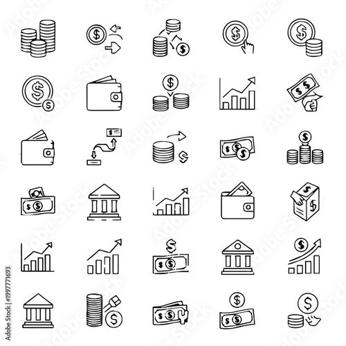 Collection of business and finance icons in line art style