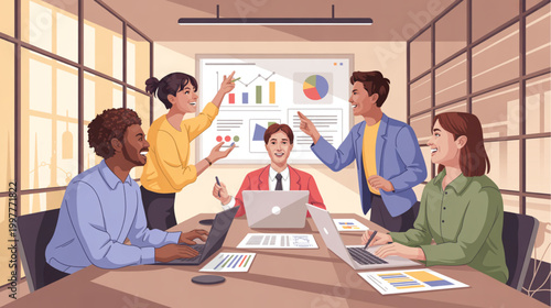 Business team meeting, diverse group discussion, office collaboration, corporate strategy planning