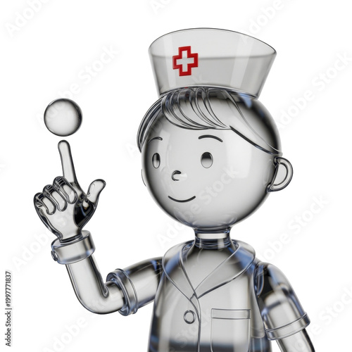 Glassy cartoon nurse holding thermometer