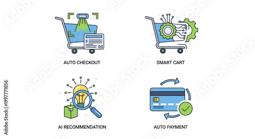 Ecommerce shopping cart technology icons.