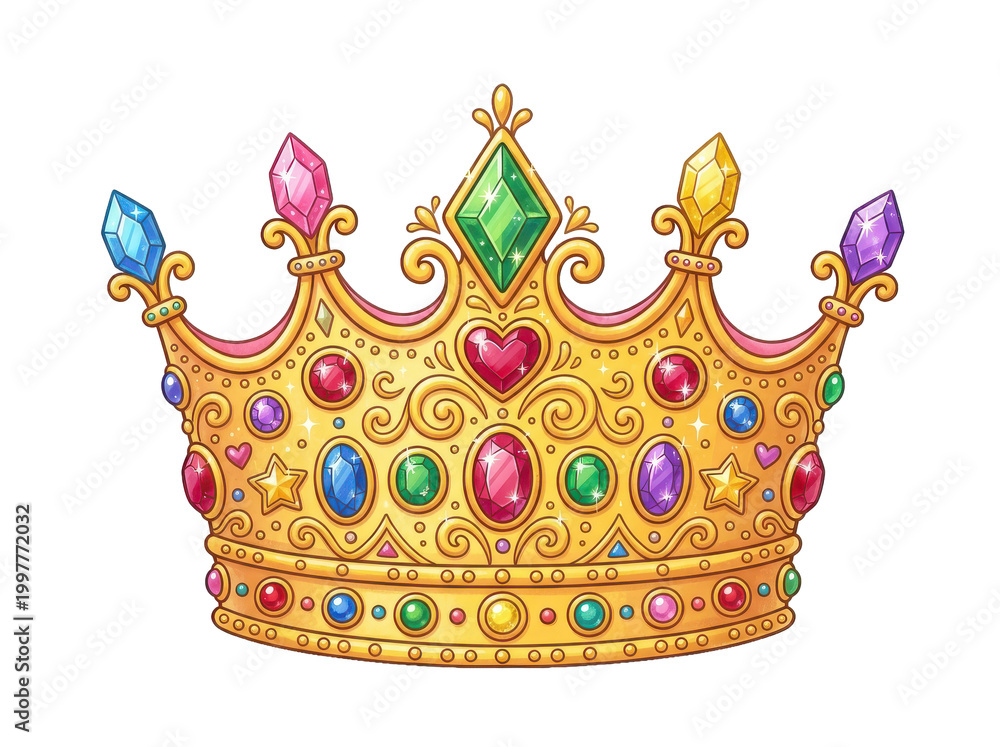 Fototapeta premium A vibrant, ornate golden crown adorned with colorful gemstones and intricate details, presented in a detailed illustration style against a clean white background, evoking a regal and luxurious feel.