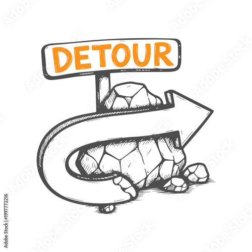 Detour Road Sign Vector Illustration with Directional Arrow, Yellow Traffic Warning Symbol for Road Construction, Navigation, and Business Strategy, Alternative Route Concept Isolated on White