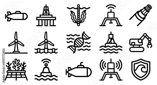 Vector icon set for ocean technology, marine engineering, and blue economy platforms. Bold rounded outline style for maritime dashboards, oceanographic research software, and sustainable subsea UI/UX