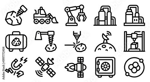 Vector icon set for space mining, asteroid resource extraction, and off-world industrial operations. Bold rounded outline style for aerospace dashboards, planetary geology software