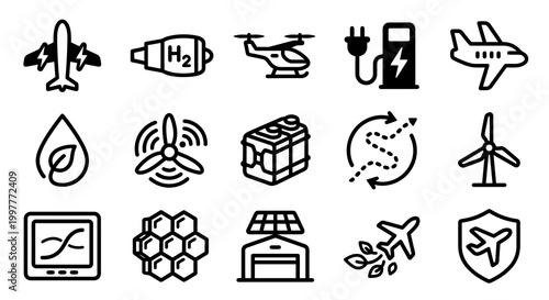 Vector icon set for sustainable aviation, advanced air mobility (AAM), and electric flight technology platforms. Bold rounded outline style for aerospace engineering dashboards, flight management 